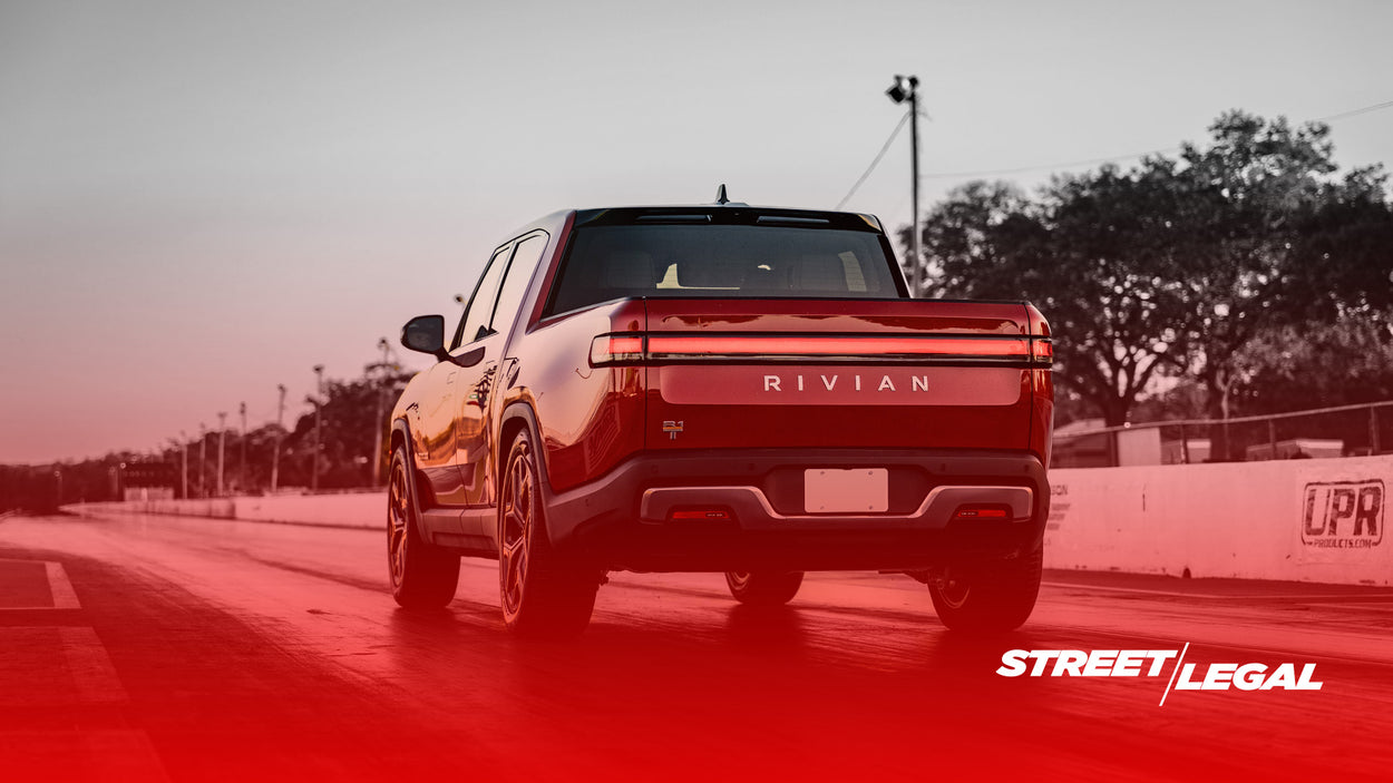 Rivian R1T electric truck at drag strip