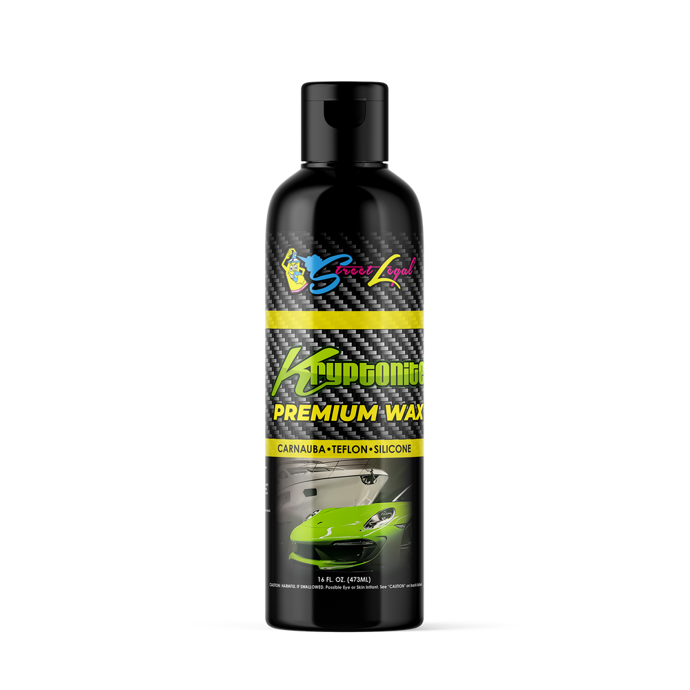 Kryptonite Premium Wax 16 oz bottle with green car label, featuring carnauba, teflon, and silicone elements for long-lasting vehicle protection