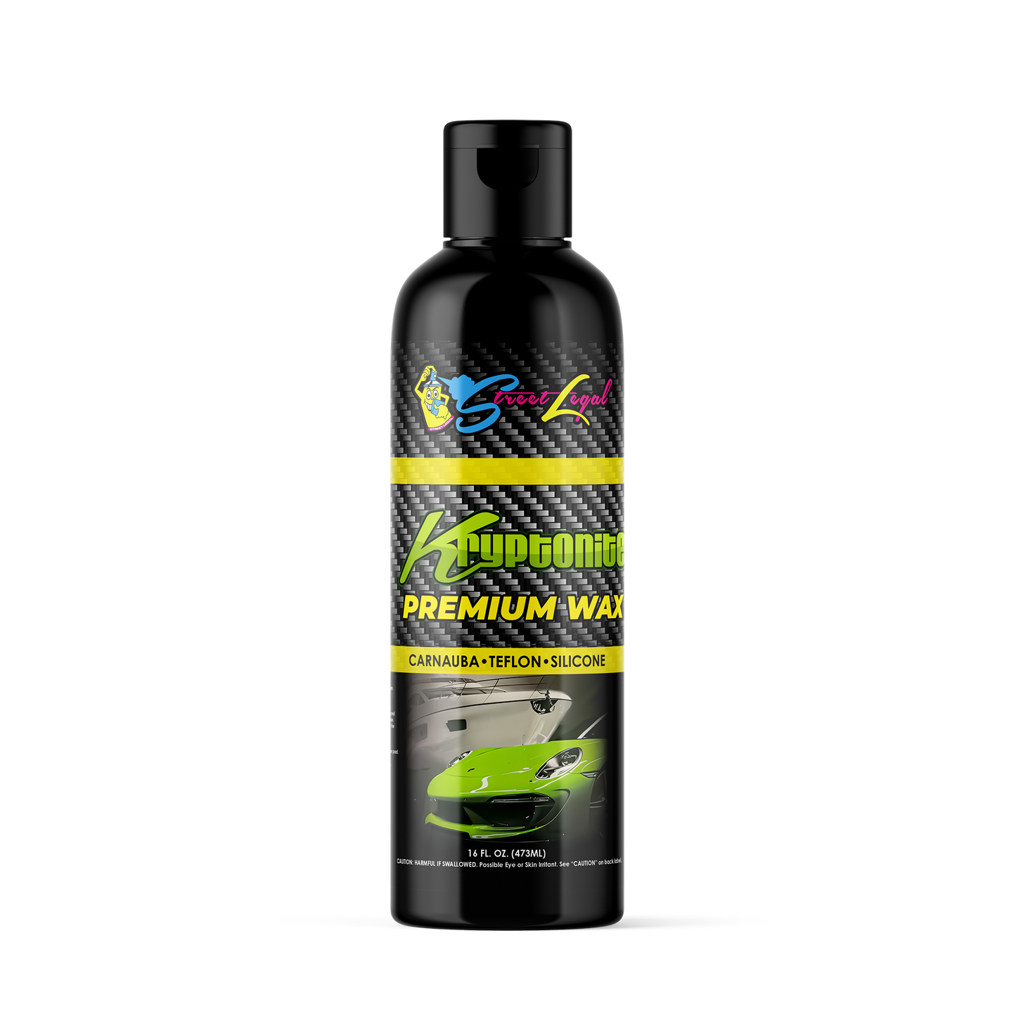 Kryptonite Premium Wax 16 oz bottle with green car label, featuring carnauba, teflon, and silicone elements for long-lasting vehicle protection