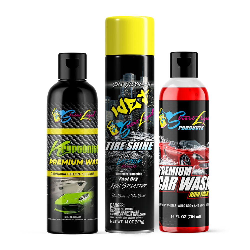 
                      
                        Street Legal Trio with Tire Shine 14 oz, Kryptonite Wax 16 oz, and Car Wash Soap 16 oz for ultimate car cleaning and shine
                      
                    