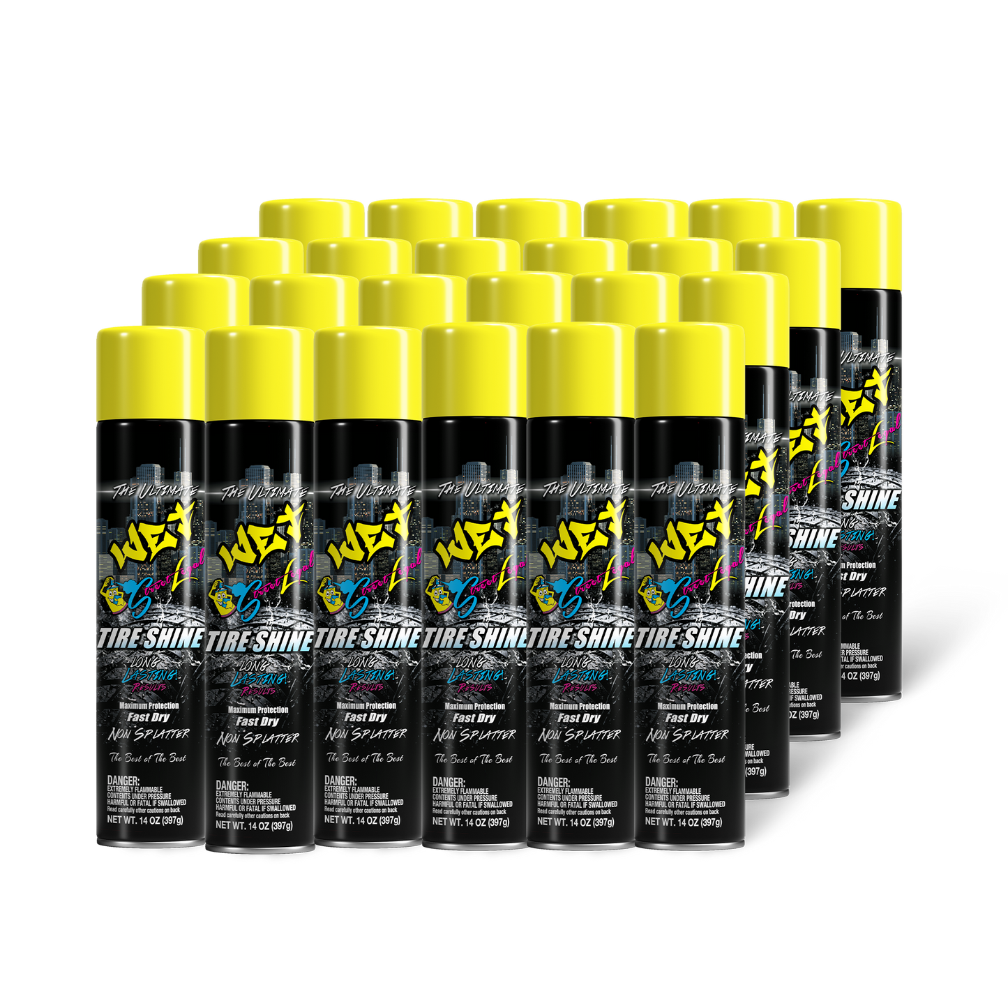 24-pack of Street Legal Ultimate Wet Tire Shine, 14 oz cans, silicone-based spray for a sleek, long-lasting, mess-free tire shine.