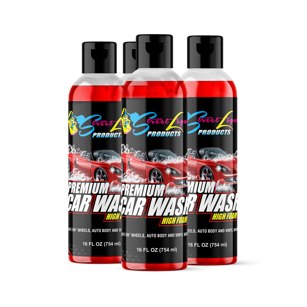 4 pack of 16 oz Street Legal Premium Wash & Wax bottles, biodegradable and safe for all surfaces, ideal for cars, boats, and motorcycles