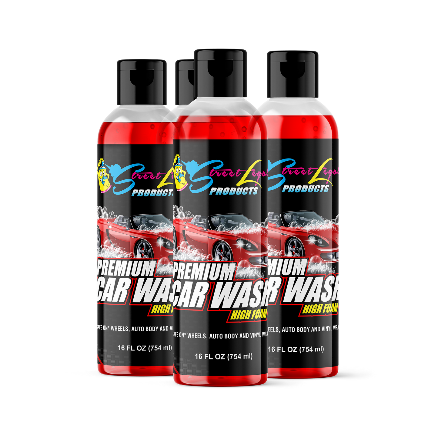 4 pack of 16 oz Street Legal Premium Wash & Wax bottles, biodegradable and safe for all surfaces, ideal for cars, boats, and motorcycles