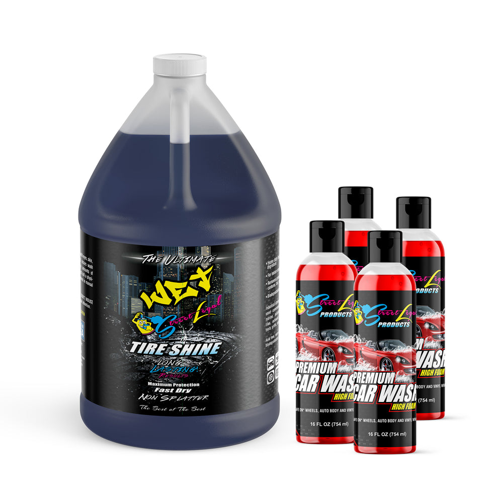 
                      
                        The Ultimate Wet Tire Shine & Premium Wash and Wax Bundle - 1 gallon tire shine & four 16 oz wash and wax bottles for car care.
                      
                    