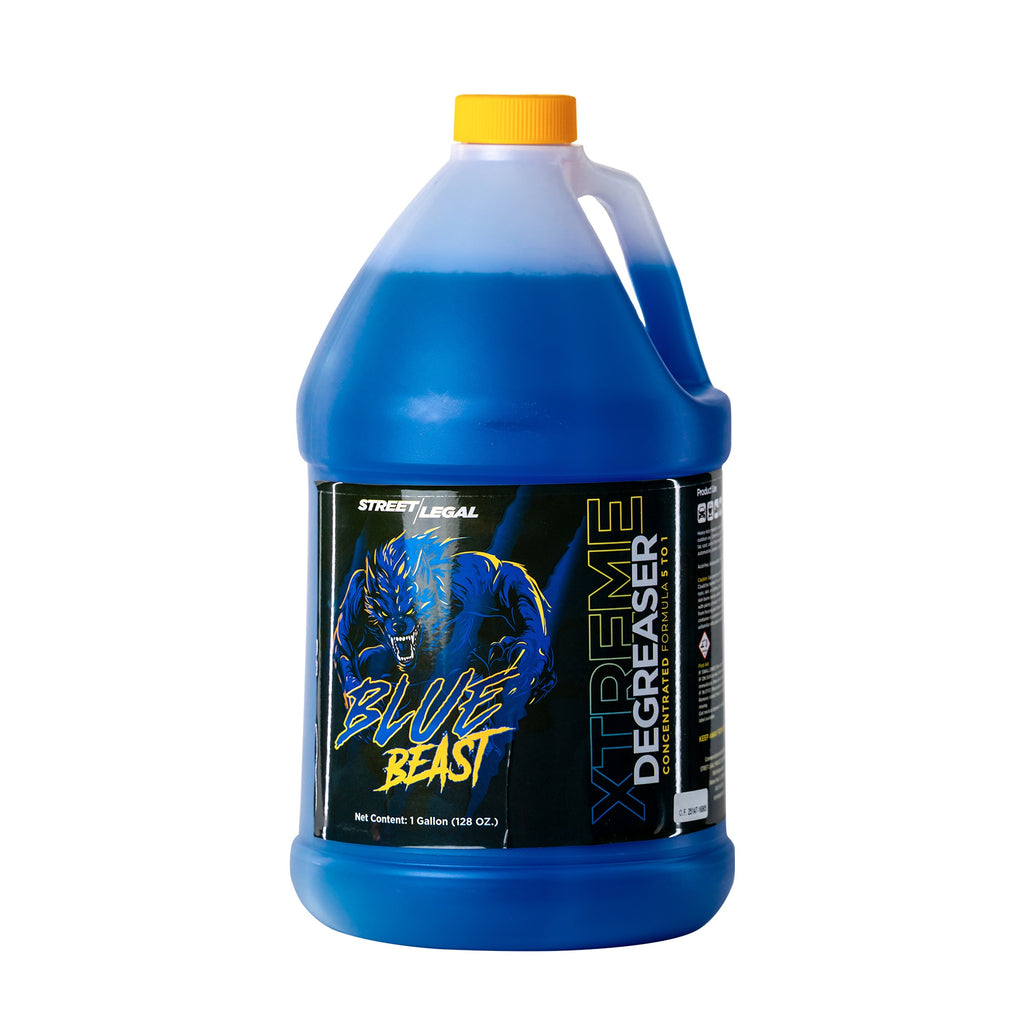 Blue bottle of Xtreme Degreaser with a yellow cap on a white background
