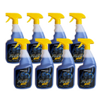 Eight bottles of 'Blue Beast' spray cleaner with yellow nozzles on a white background