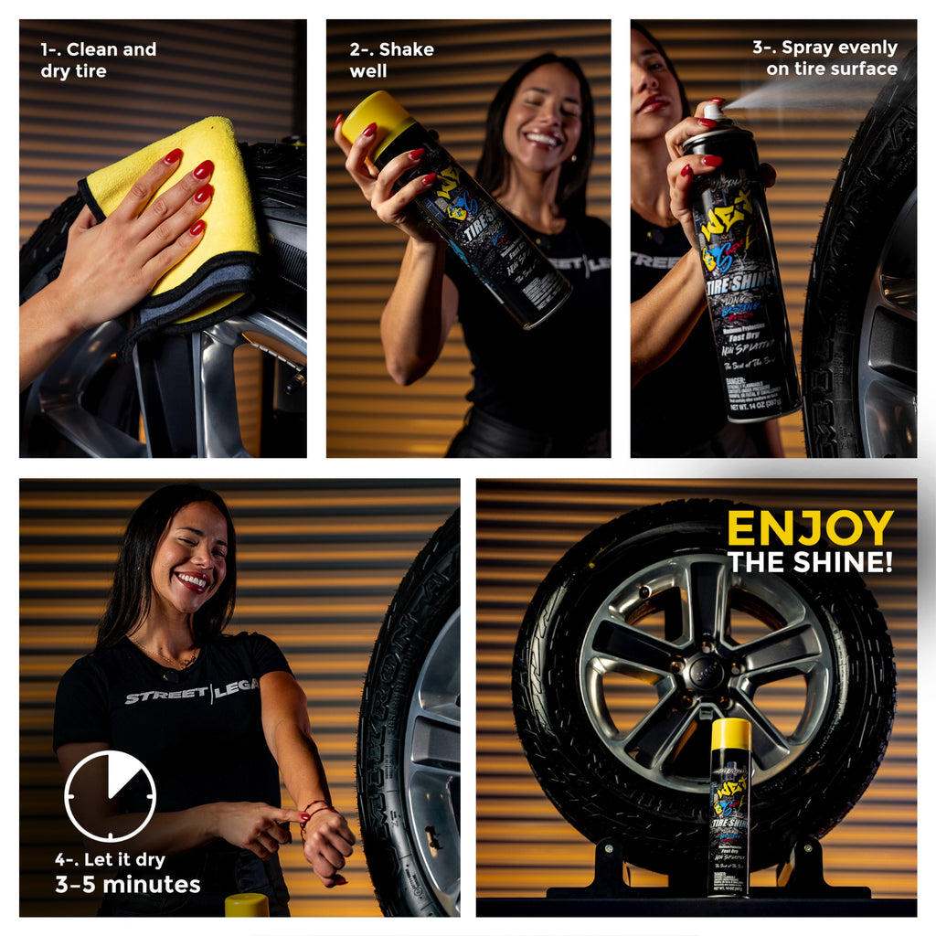 Step-by-step guide on how to use tire shine product with a woman demonstrating each step.