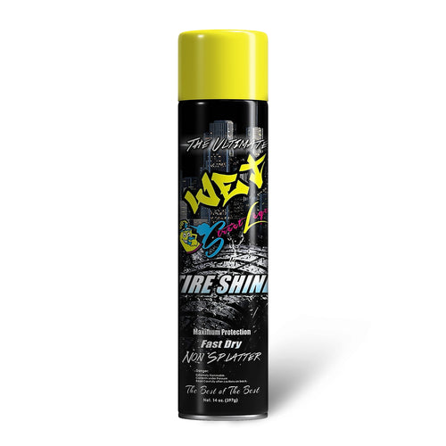 Can of tire shine spray with yellow cap on a white background